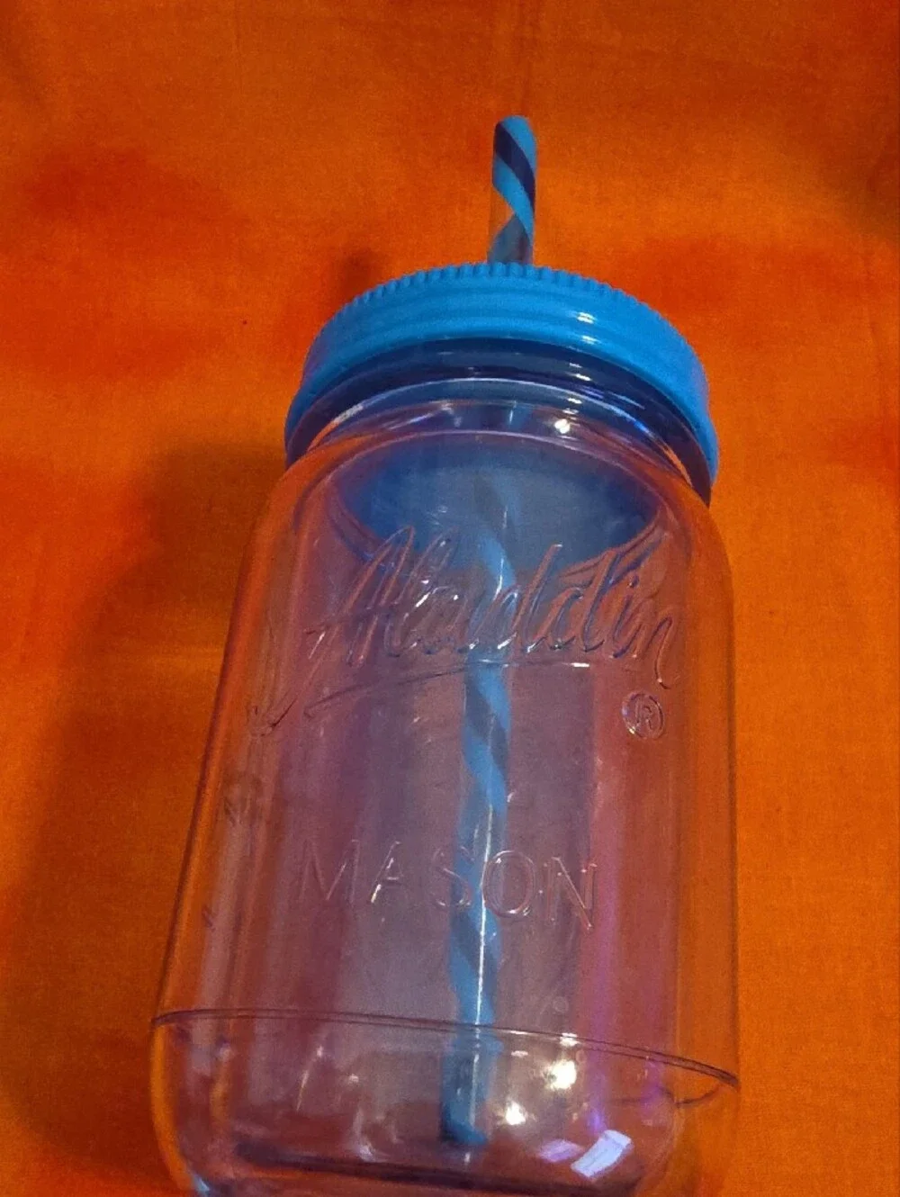 Aladdin Blue Lidded Mason-Style Drinking Jar with Striped Straw Plastic Tumbler